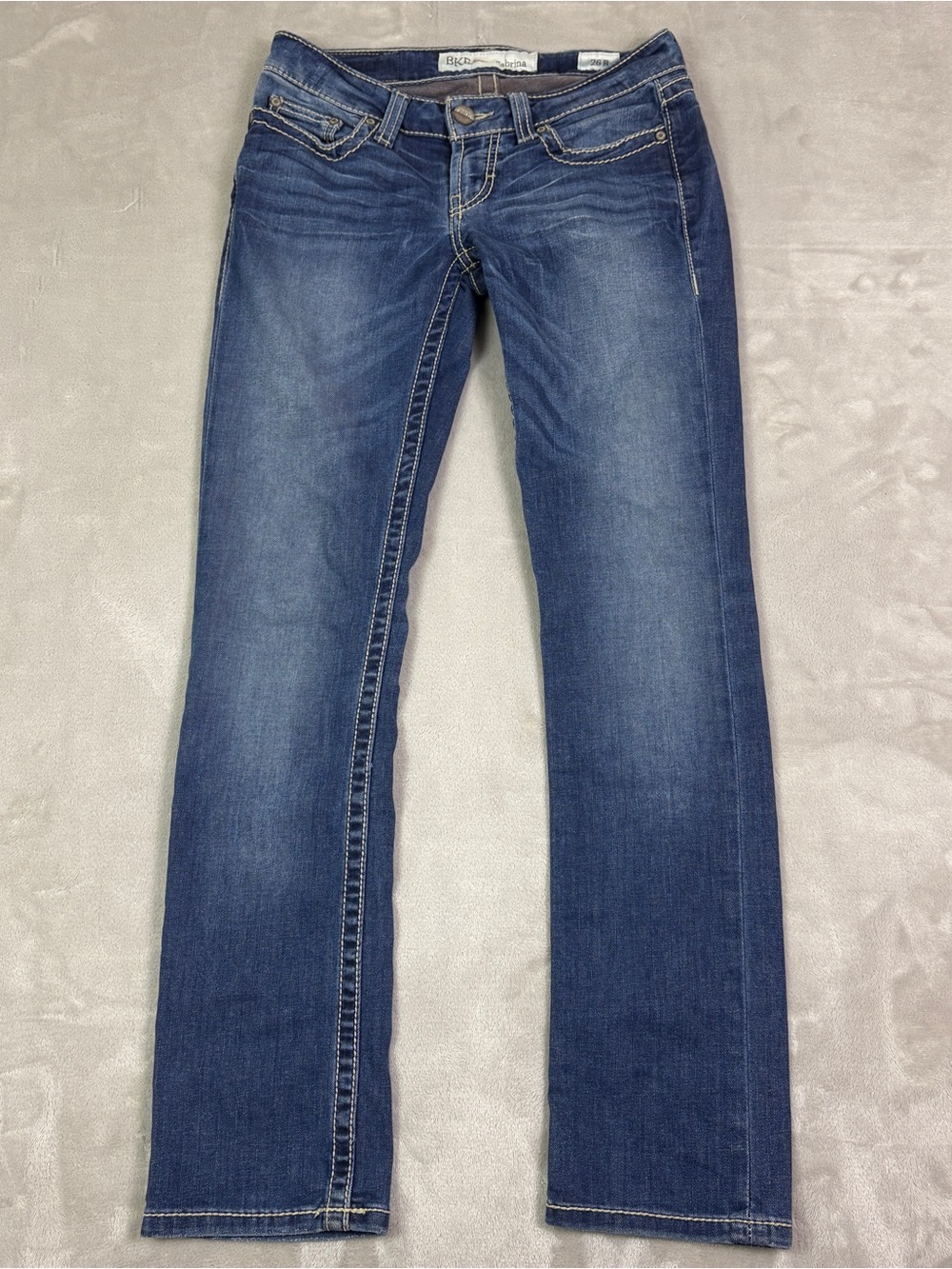 BKE Sabrina Flare Jeans Womens 26R (28x31) Blue Mid Rise Distressed Stretch